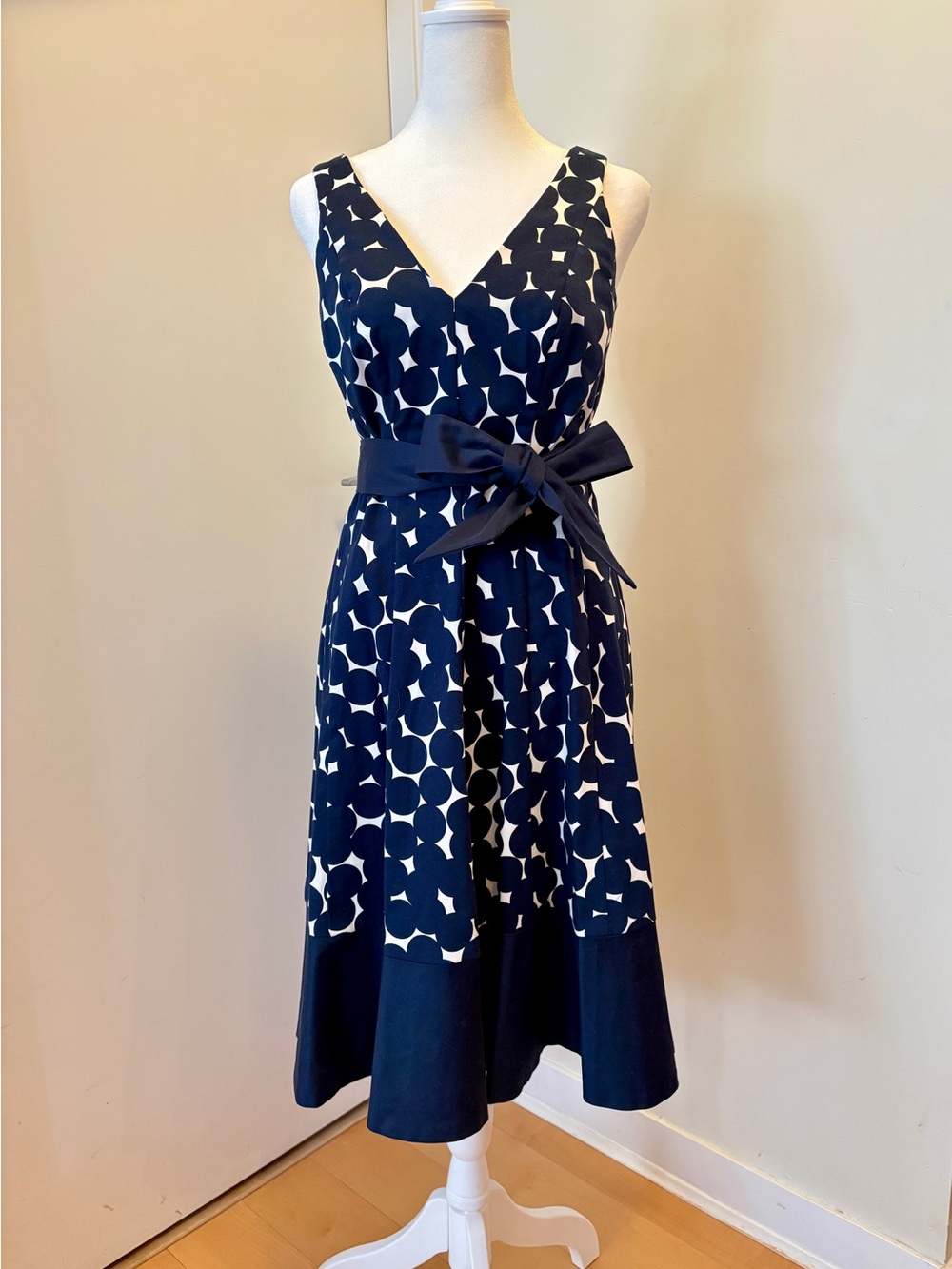 Nine West Navy White V-Neck Fit & Flare Midi Dress with Removable Belt